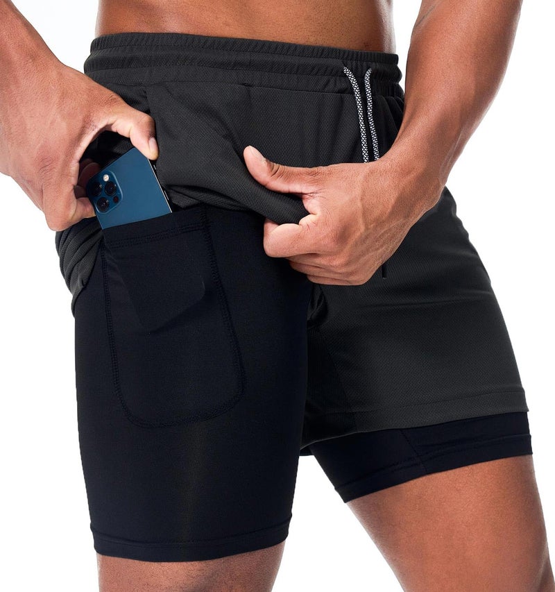 Surenow Men's Athletic Running Shorts Quick Dry Workout Shorts 2 in 1 Shorts 5" Gym Running Shorts for Men with Phone Pocket Grey - Image 1